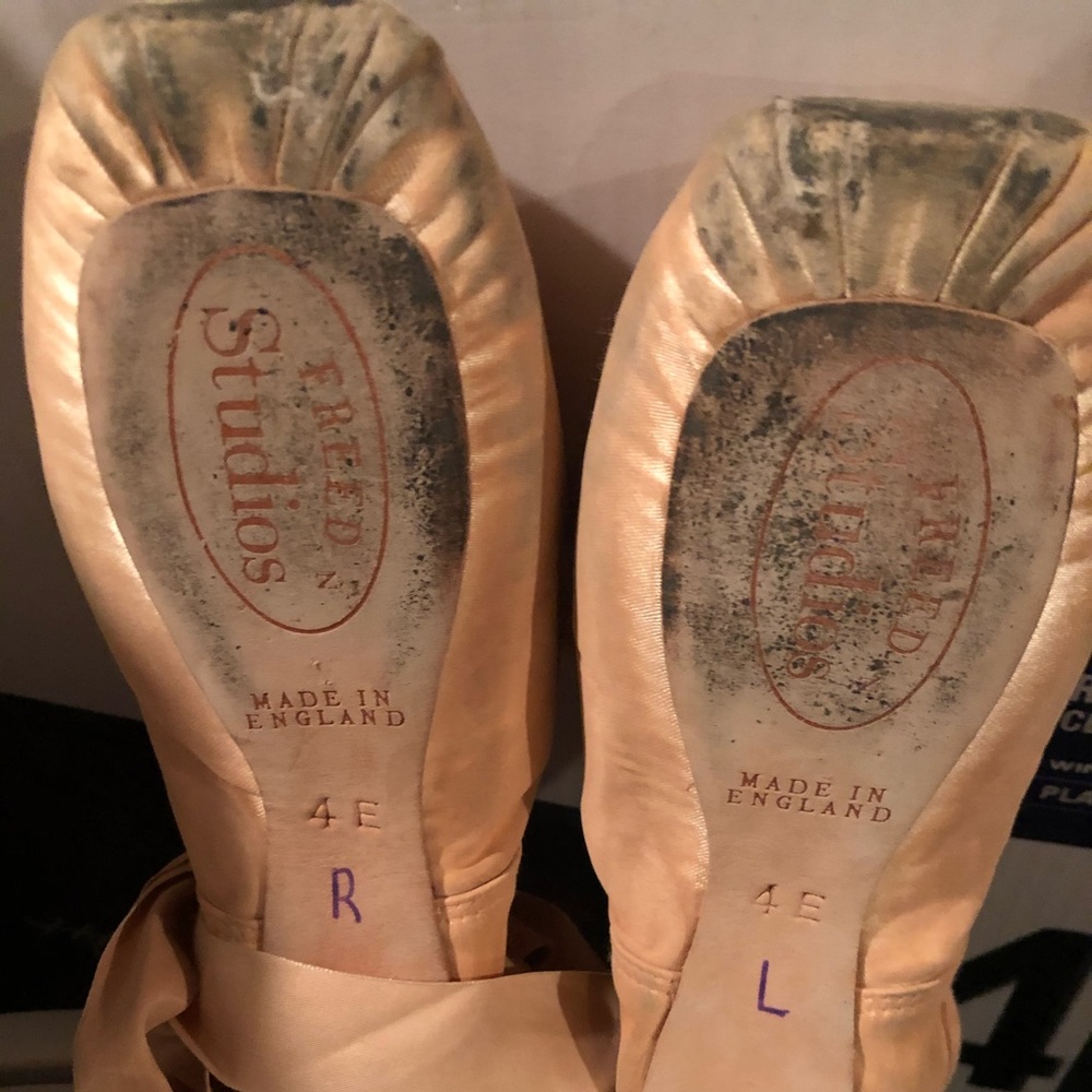 3 pairs of used pancakes pointe shoes